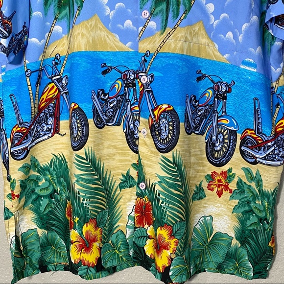 Vintage 90’s Motorcycle Blue Hawaiian Shirt Medium - Picture 2 of 6
